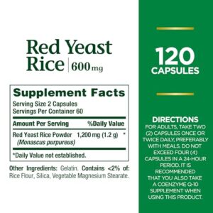 Nature's Bounty Red Yeast Rice Pills and Herbal Health Supplement, Dietary Additive, 600mg, 120 Capsules