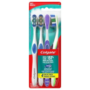 colgate 360 whole mouth toothbrush, adult soft toothbrush with tapered bristles, features tongue cleaner and ergonomic handle, helps whiten teeth and removes bacteria, 4 pack