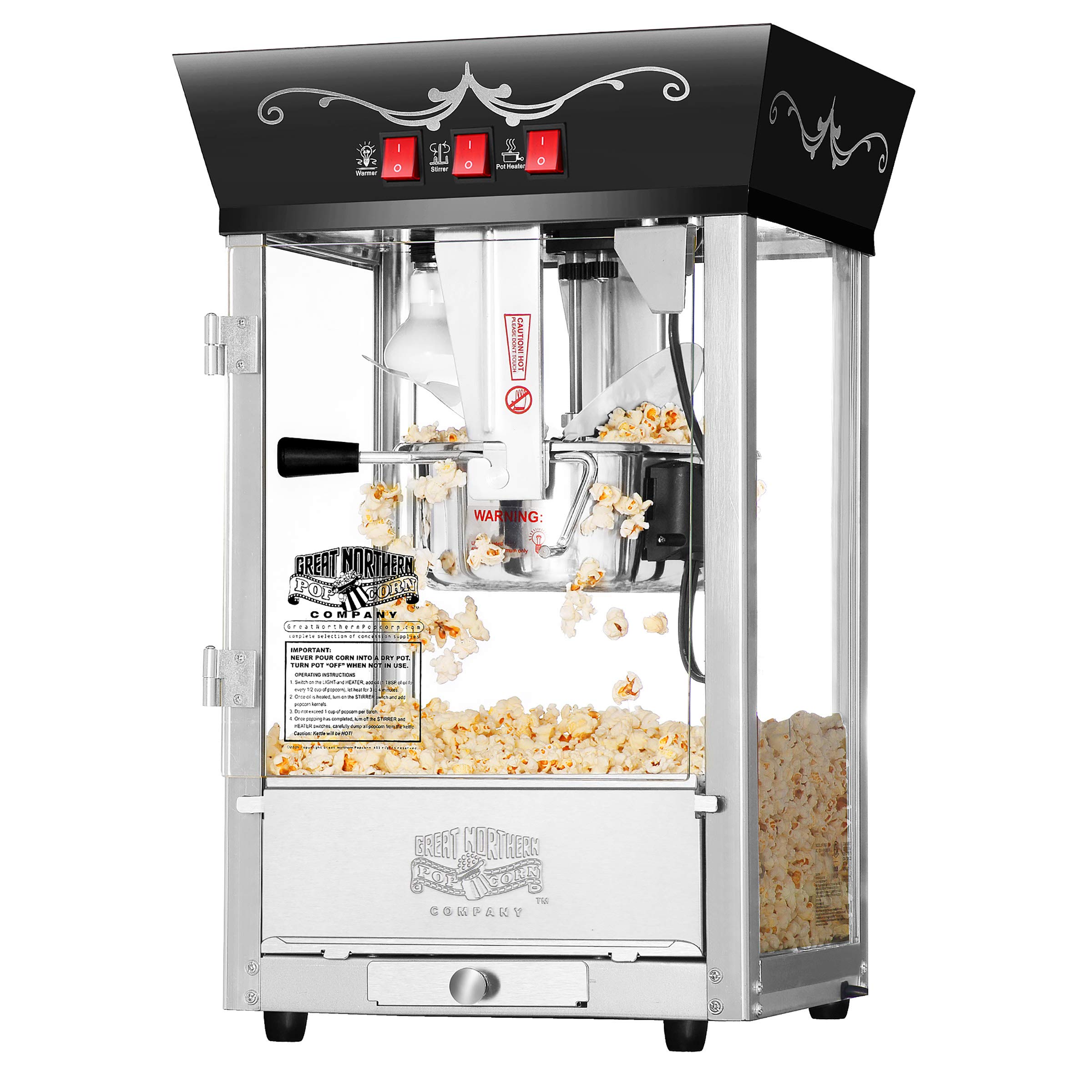 Matinee Popcorn Machine - 8oz Popper with Stainless-Steel Kettle, Reject Kernel Tray, Warming Light, and Accessories by Great Northern Popcorn (Black)