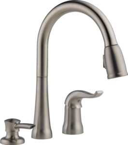 delta faucet kate pull down kitchen faucet brushed nickel with pull down sprayer, kitchen sink faucet, faucet for kitchen sink, soap dispenser, stainless 16970-sssd-dst