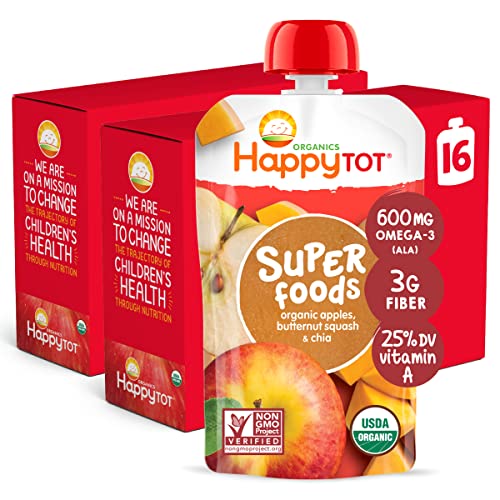 Happy Tot Organic Stage 4 Super Foods Apples & Butternut Squash + Super Chia, 4.22 Ounce Pouch (Pack of 16) (Packaging May Vary)