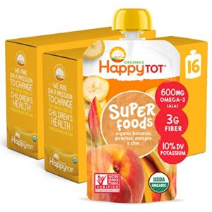 happytot organics super foods, bananas peaches & mangos + super chia, 4.22 ounce pouch (pack of 16) packaging may vary