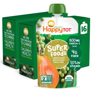 happy tot organics super foods stage 4, pears, peas & green beans + super chia, 4.22 ounce pouch (pack of 16) packaging may vary