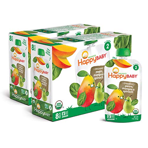 Happy Baby Organics Stage 2 Baby Food, Spinach Mango and Pear, 4 Ounce (Pack of 16)