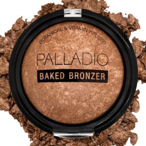 palladio baked bronzer, highly pigmented and easy to blend, shimmery bronzed glow, use dry or wet, lasts all day long, provides rich tanning color finish, powder compact, illuminating tan