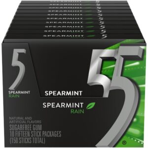 5 gum spearmint rain sugar free chewing gum bulk, 15 stick box (pack of 10)