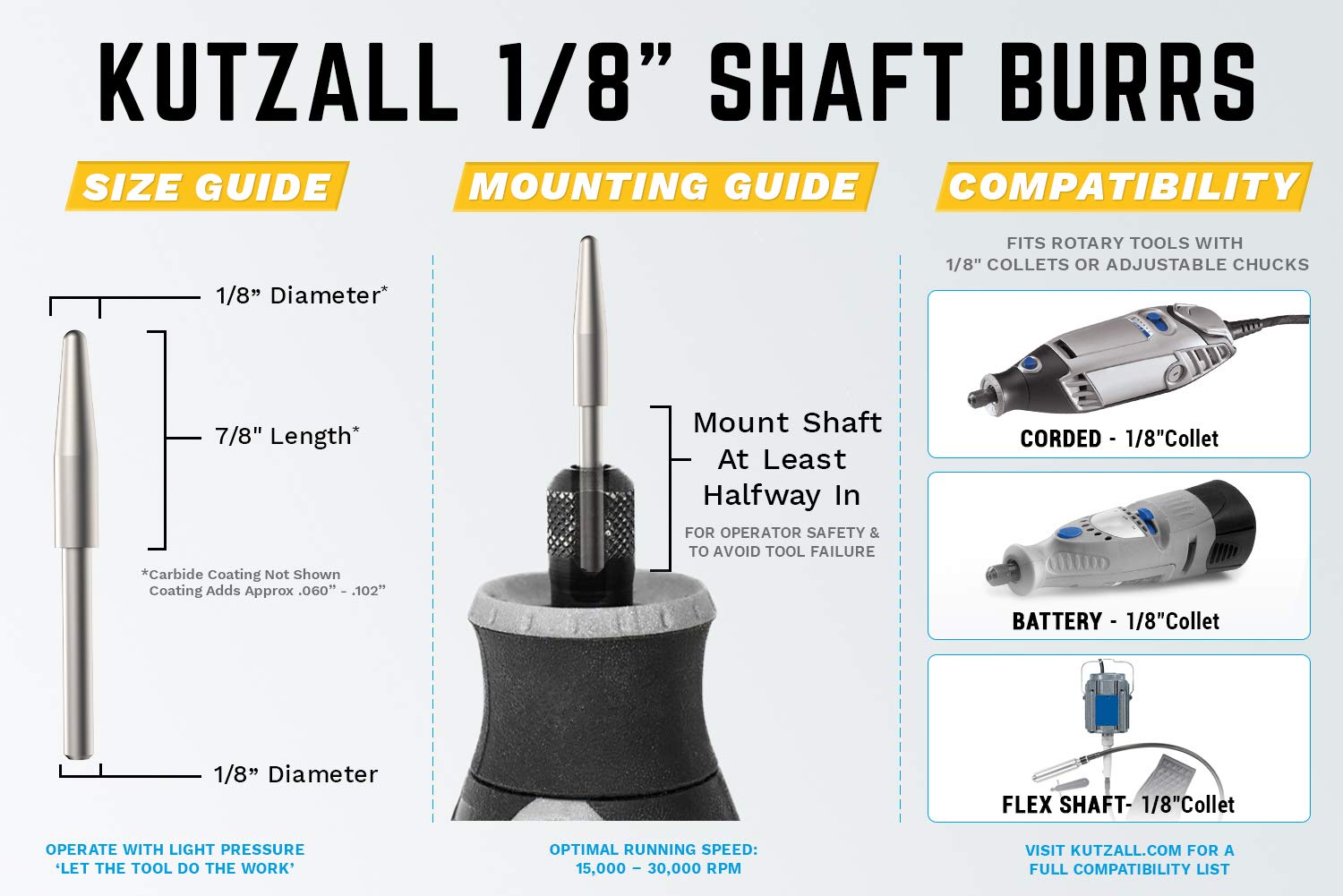 Kutzall Original Taper Rotary Burr, 1⁄8" Shaft, Coarse - Woodworking Attachment for Dremel, Foredom, DeWalt, Milwaukee. Abrasive Tungsten Carbide, 1⁄8" (3.1mm) Head Dia. X 7⁄8" (22.2mm) Length, T-18-E