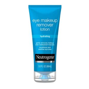 neutrogena hydrating eye makeup remover lotion, gentle daily makeup remover with skin-soothing aloe and cucumber extracts to remove even waterproof mascara, fragrance-free, 3 oz