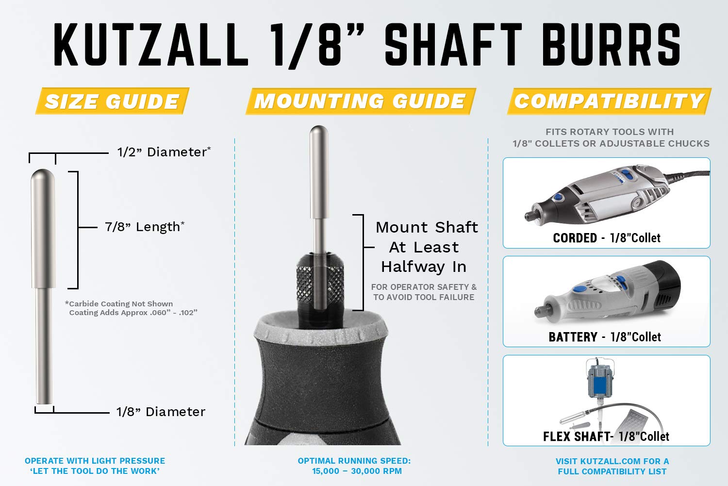 Kutzall Original Ball Nose Rotary Burr, 1⁄8" Shaft, Fine - Woodworking Attachment for Dremel, Foredom, DeWalt, Milwaukee. Abrasive Tungsten Carbide, 1⁄8" (3.1mm) Dia. X 7⁄8" (22.2mm) Length, BN-18-EG