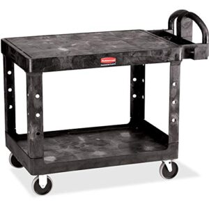 rubbermaid commercial products 2-shelf utility/service cart, medium, flat shelves, ergonomic handle, 500 lbs. capacity, for warehouse/garage/cleaning/manufacturing (fg452500bla)