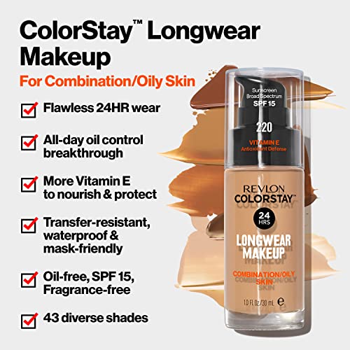 Revlon Liquid Foundation, ColorStay Face Makeup for Combination & Oily Skin, SPF 15, Longwear Medium-Full Coverage with Matte Finish, Sand Beige (180), 1.0 Oz