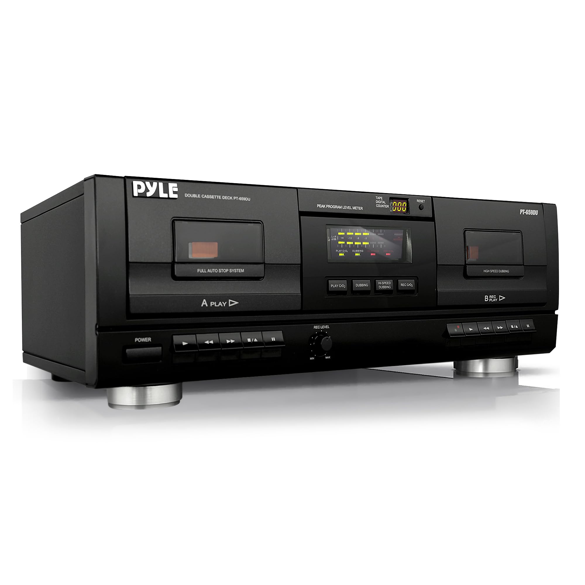 Pyle Dual Stereo Cassette Tape Deck - Clear Audio Double Player Recorder System w/ MP3 Music Converter, RCA for Recording, Dubbing, USB, Retro Design - For Standard / CrO2 Tapes, Home Use - PT659DU