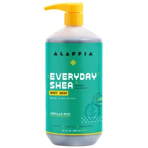 alaffia everyday shea body wash - naturally helps moisturize and cleanse without stripping natural oils with shea butter, neem, and coconut oil, fair trade vanilla mint, 32 fl oz