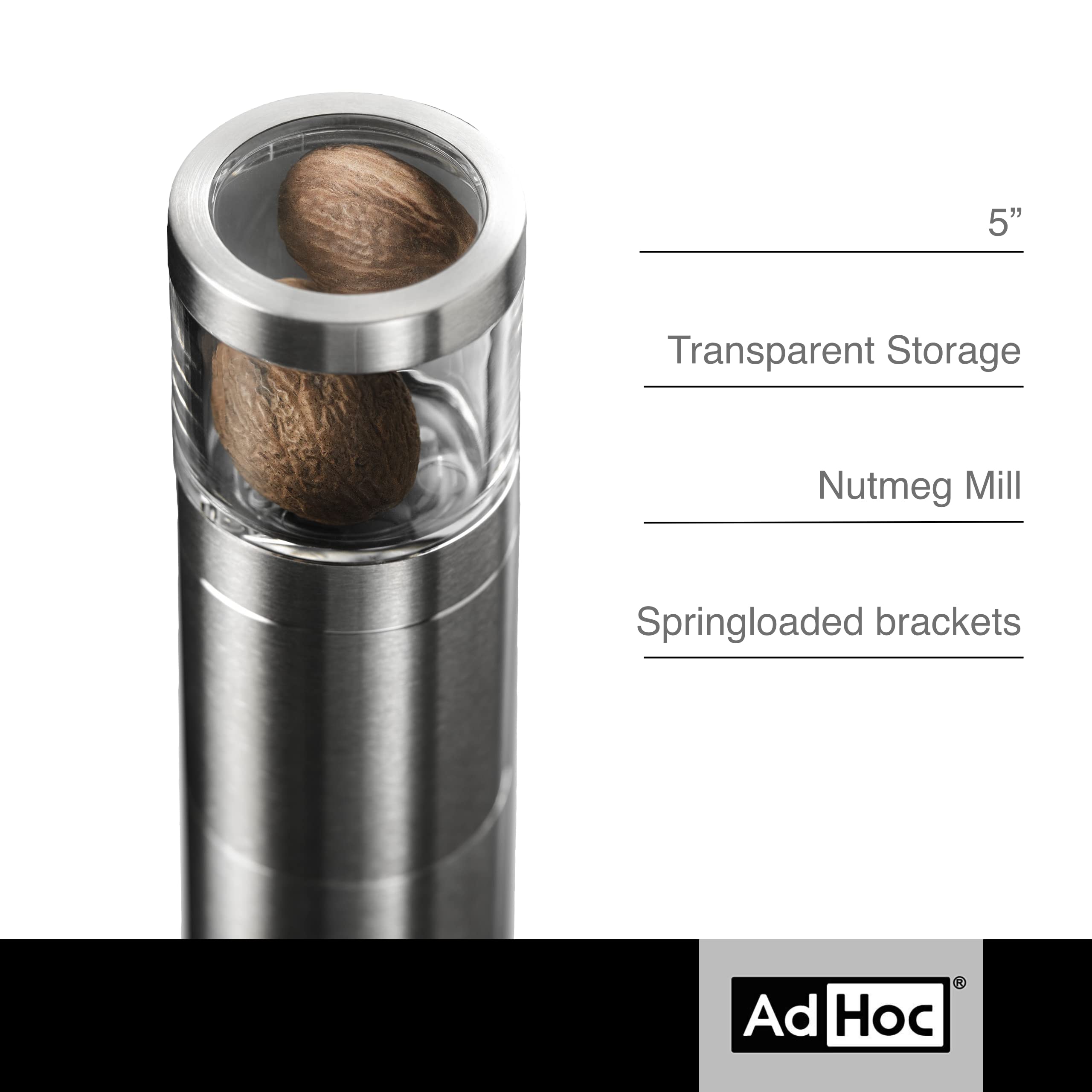 Adhoc Muskatino Nutmeg Mill Spice Grinder | Stainless Steel/Acrylic | Aroma Cap, Compact