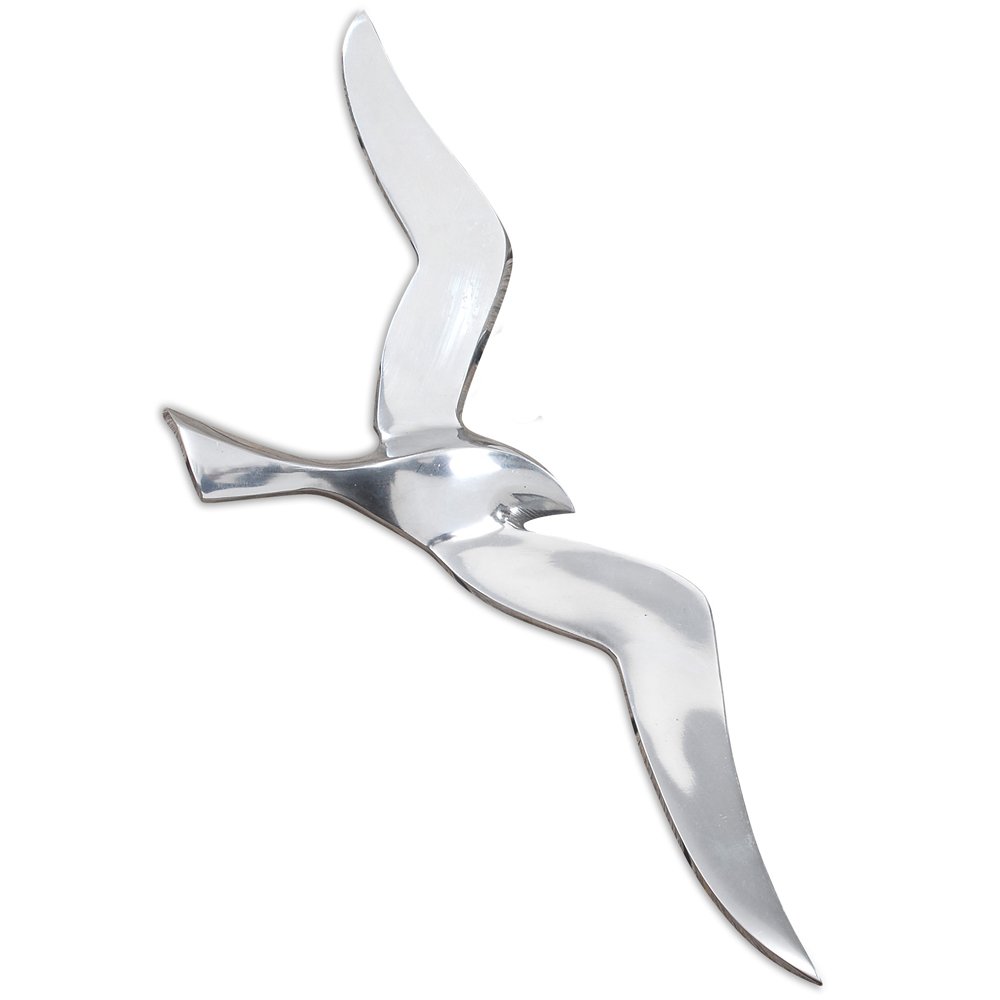 WHW Whole House Worlds Americana Flying Sea Gull Wall Sculpture, Handcrafted, Cast of Fine Silver Aluminum, 14 x 5 Inches (36 cmx 14 cm)