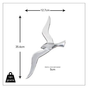 WHW Whole House Worlds Americana Flying Sea Gull Wall Sculpture, Handcrafted, Cast of Fine Silver Aluminum, 14 x 5 Inches (36 cmx 14 cm)