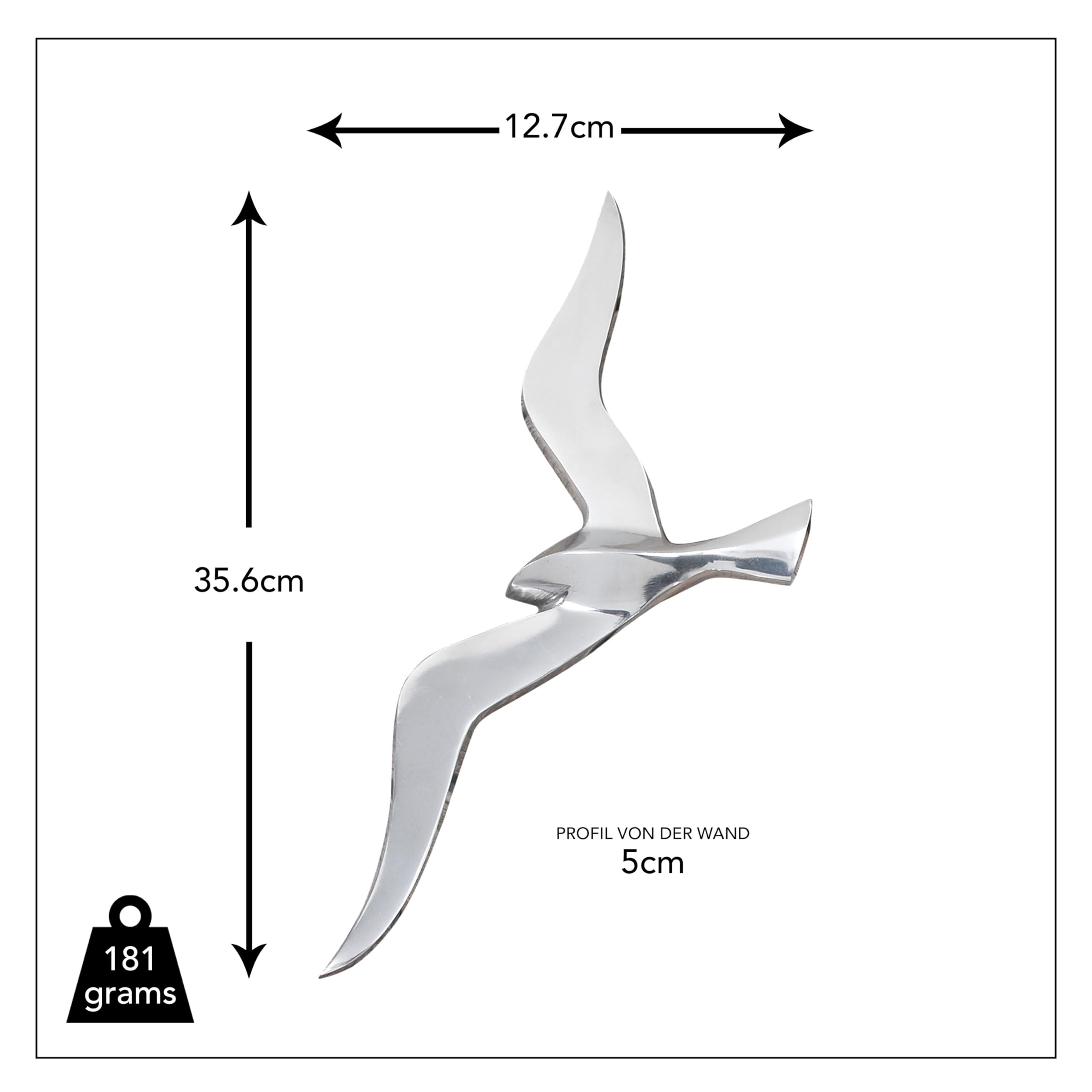 WHW Whole House Worlds Americana Flying Sea Gull Wall Sculpture, Handcrafted, Cast of Fine Silver Aluminum, 14 x 5 Inches (36 cmx 14 cm)