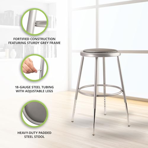 National Public Seating 6400 Series Heavy Duty 18 Inch Adjustable Height Steel Stool with Vinyl Padded Seat, Grey Frame and Legs