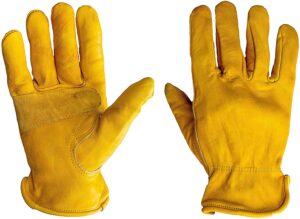 g & f products 6203l-3 premium genuine grain cowhide leathers with reinforced patch palm, work gloves, drivers glove 3-pair, large, yellow