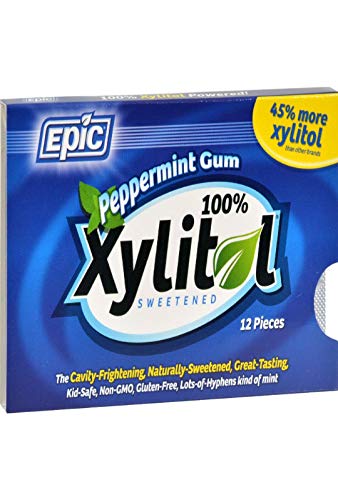 Epic Xylitol Chewing Gum - Sugar Free & Aspartame Free Chewing Gum Sweetened w/Xylitol for Dry Mouth & Gum Health (Peppermint, 12-Piece Pack, 12 Packs)