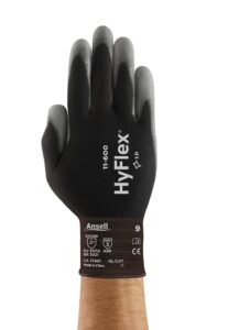 ansell hyflex 11-600 light duty nylon industrial gloves w/palm coating for metal fabrication, automotive - medium (8), black (12 pairs)