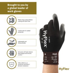 Ansell HYFLEX 11-600 Light Duty Nylon Industrial Gloves w/Palm Coating for Metal Fabrication, Automotive - Medium (8), Black (12 Pairs)