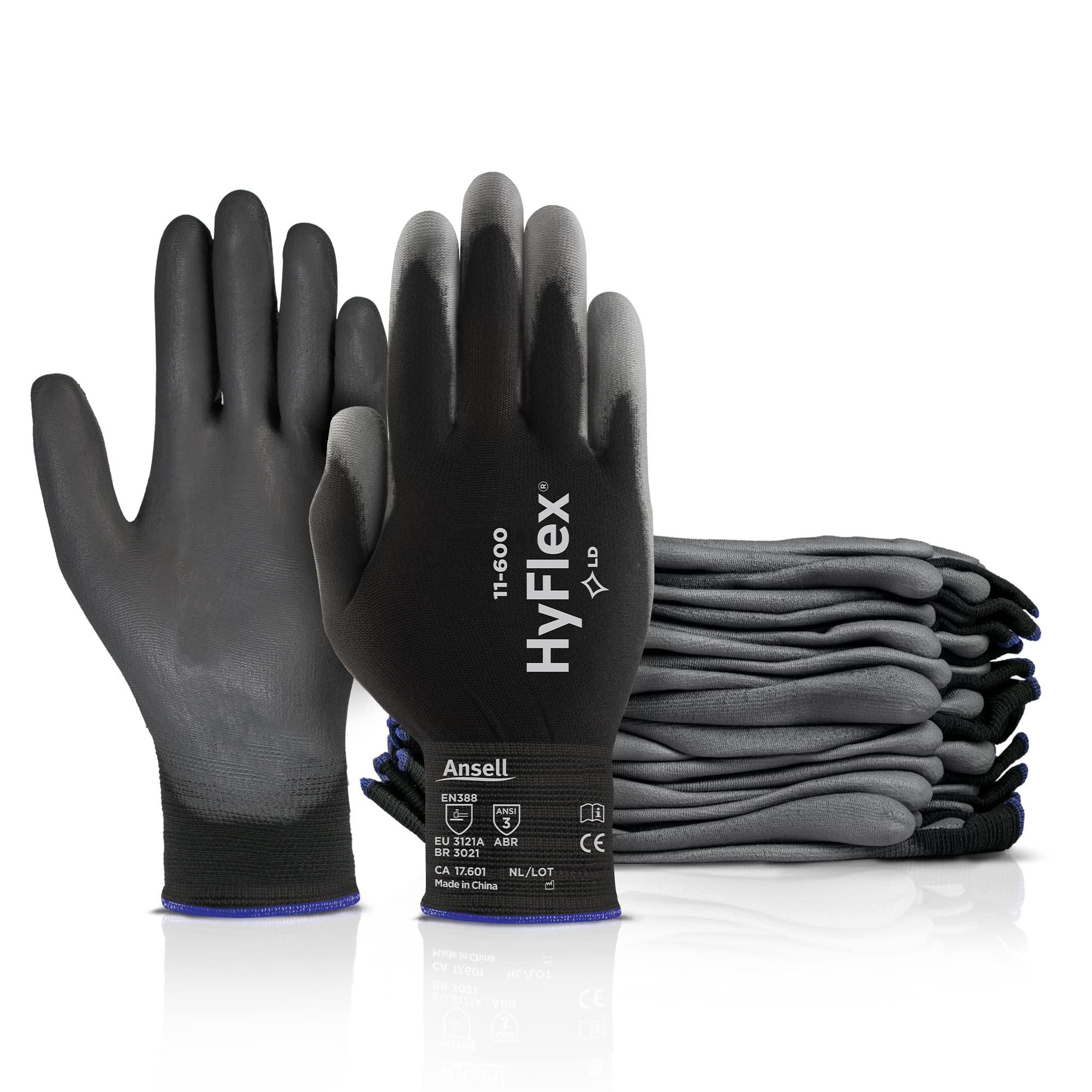 Ansell HYFLEX 11-600 Light Duty Nylon Industrial Gloves w/Palm Coating for Metal Fabrication, Automotive - Medium (8), Black (12 Pairs)