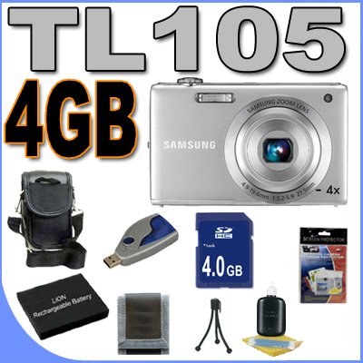 Samsung TL105 12.2MP Digital Camera w/4x Optical Zoom (Silver) BigVALUEInc Accessory Saver 4GB Battery Bundle