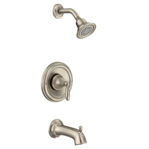 moen brantford brushed nickel posi-temp pressure balancing eco-performance high-pressure tub and shower trim kit with shower head, arm, lever handle, flange, and tub spout (valve required), t2153epbn