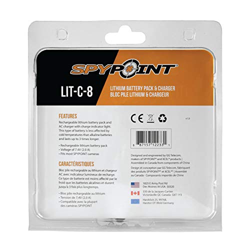 SPYPOINT LIT-C-08 Lithium Battery Pack Kit With 7.4V AC Charger For Camera Lithium Battery - Full Charge in 48 hours with charge indicator light included | Cell Cameras for Hunting Battery and Charger