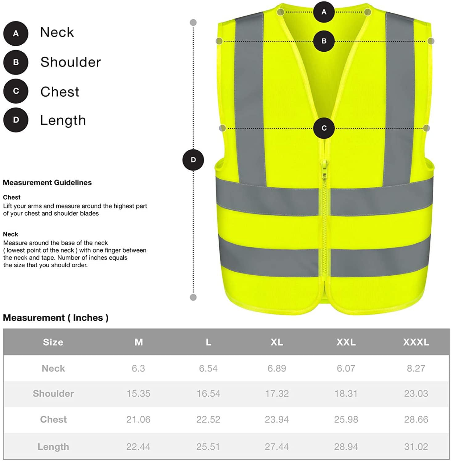 Neiko 53940A High Visibility Safety Vest with Reflective Strips | Size Medium | Neon Yellow Color | Zipper Front | For Emergency, Construction and Safety Use