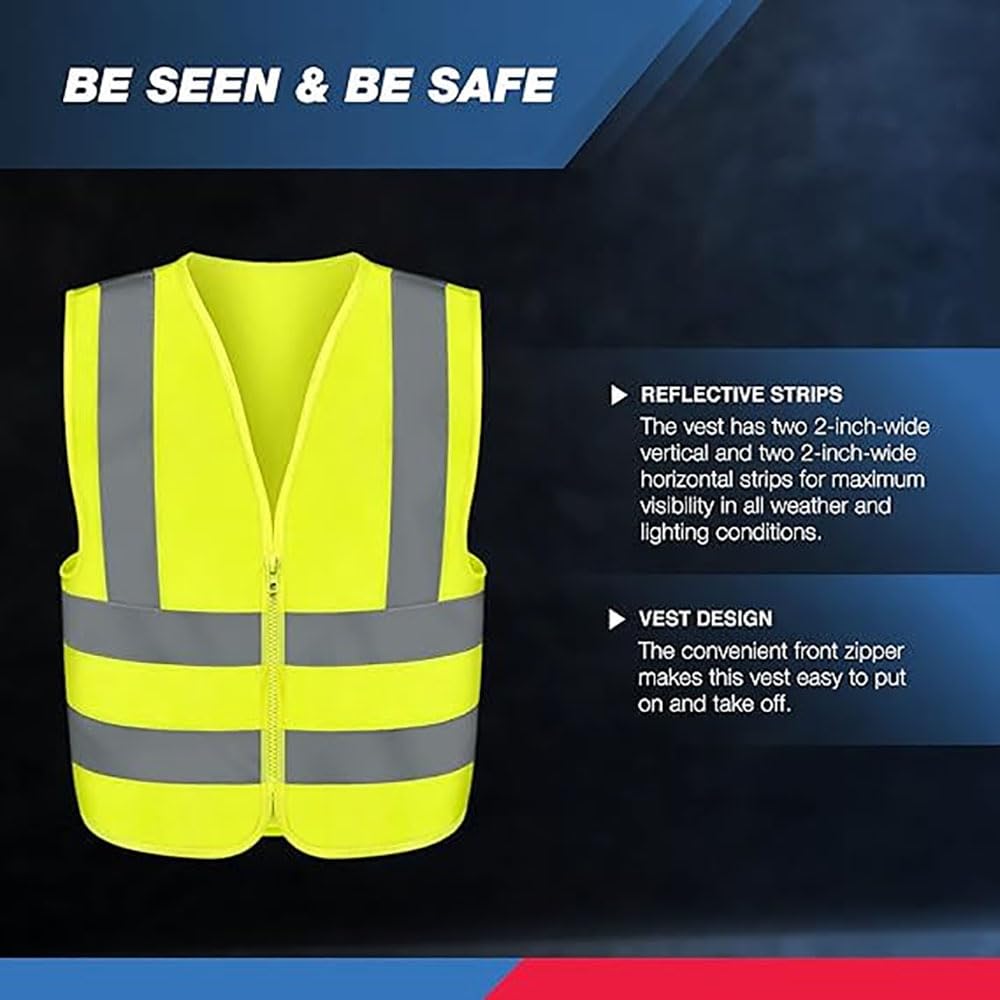 Neiko 53940A High Visibility Safety Vest with Reflective Strips | Size Medium | Neon Yellow Color | Zipper Front | For Emergency, Construction and Safety Use