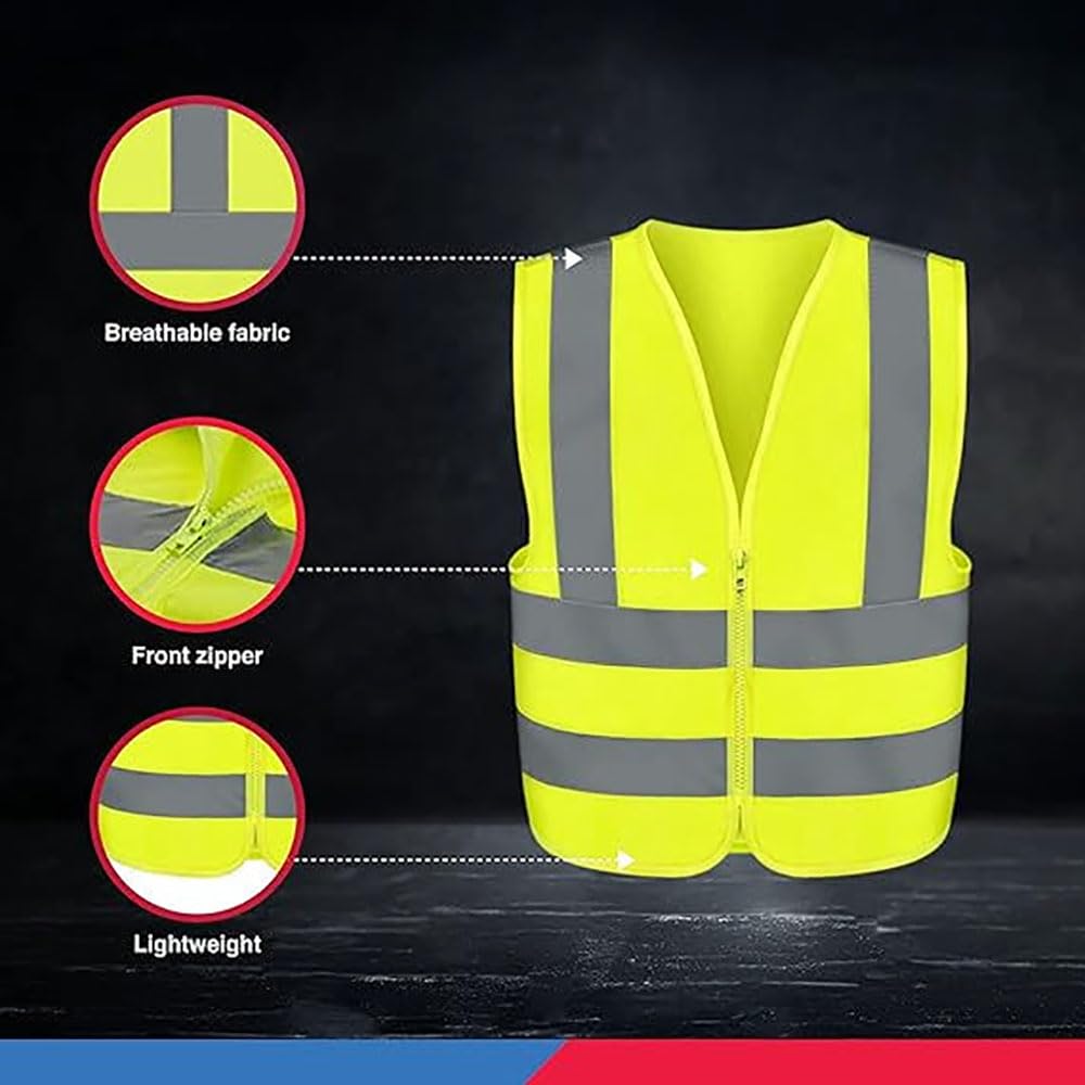 Neiko 53940A High Visibility Safety Vest with Reflective Strips | Size Medium | Neon Yellow Color | Zipper Front | For Emergency, Construction and Safety Use