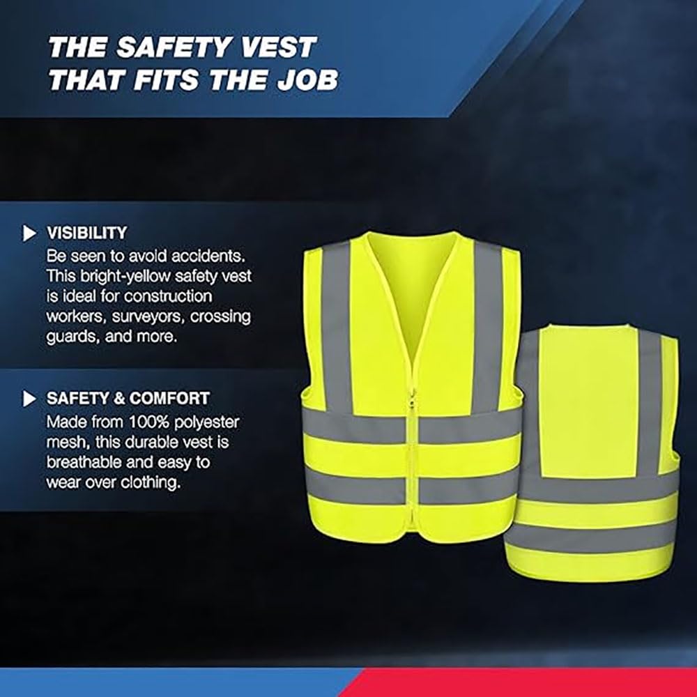 Neiko 53940A High Visibility Safety Vest with Reflective Strips | Size Medium | Neon Yellow Color | Zipper Front | For Emergency, Construction and Safety Use