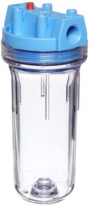 pentair pentek 150071 traditional standard filter housing, 3/4" npt #10 clear water filter housing with mounting bracket cap and pressure relief button, 10-inch, blue/clear