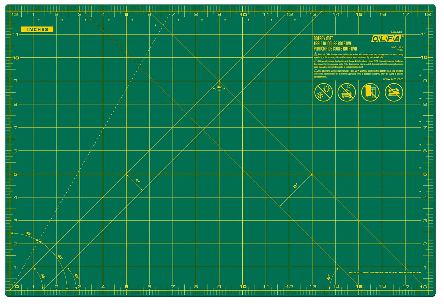 OLFA 12" x 18" Self Healing Rotary Cutting Mat (RM-CG) - Double Sided 12x18 Inch Cutting Mat with Grid for Quilting, Sewing, Fabric, & Crafts, Designed for Use with Rotary Cutters (Green)