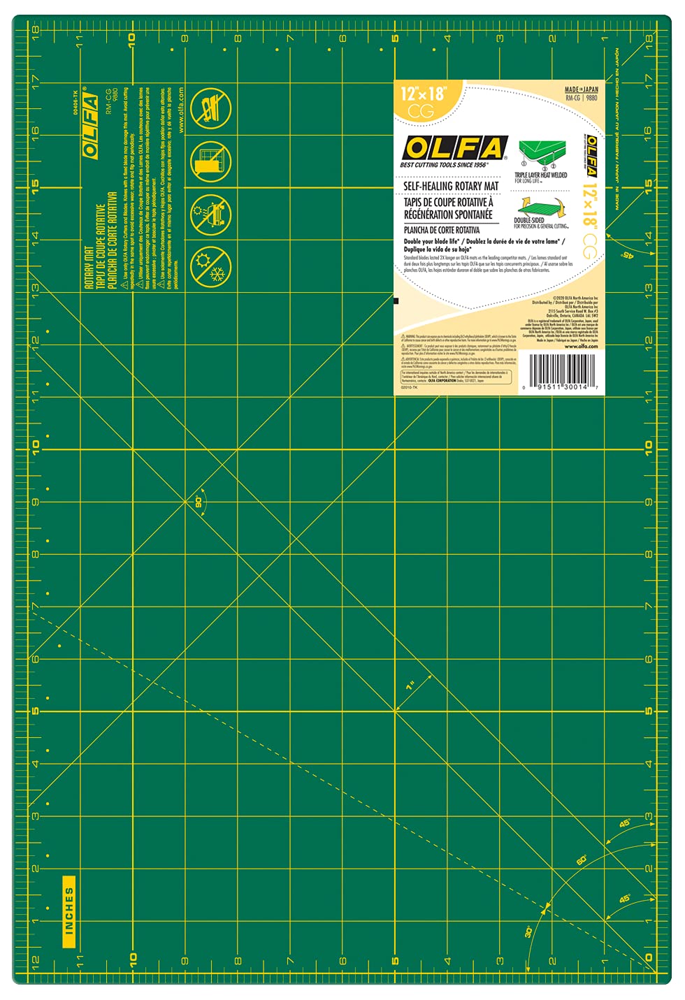 OLFA 12" x 18" Self Healing Rotary Cutting Mat (RM-CG) - Double Sided 12x18 Inch Cutting Mat with Grid for Quilting, Sewing, Fabric, & Crafts, Designed for Use with Rotary Cutters (Green)