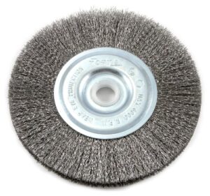 forney 72743 wire wheel brush, fine crimped with 1/2-inch and 5/8-inch arbor, 5-inch-by-.008-inch