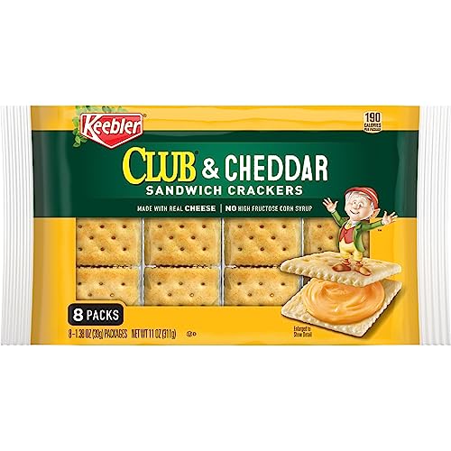 Keebler Sandwich Crackers, Single Serve Snack Crackers, Lunch Snacks, Club and Cheddar, 11oz Tray (8 Packs)