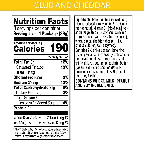 Keebler Sandwich Crackers, Single Serve Snack Crackers, Lunch Snacks, Club and Cheddar, 11oz Tray (8 Packs)