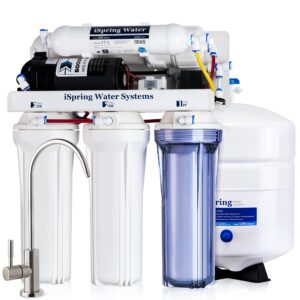 ispring rcc7p 75 gpd reverse osmosis system with pump, 5-stage boosted performance superb taste under sink reverse osmosis drinking water filtration system with brushed nickel faucet