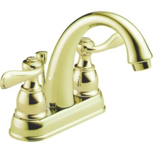 delta faucet windemere centerset bathroom faucet, gold bathroom sink faucet, 2 handle bathroom faucet, metal drain assembly, polished brass b2596lf-pb