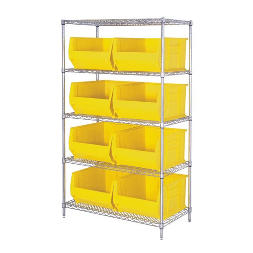 Quantum Storage Systems WR5-975YL 5-Tier Complete Wire Shelving System with 8 QUS975 Yellow Hulk Bins, Chrome Finish, 30" Width x 42" Length x 74" Height