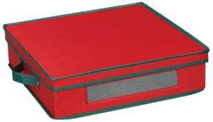 household essentials holiday china storage chest with lid and handles | charger plates and platters | red canvas with green trim