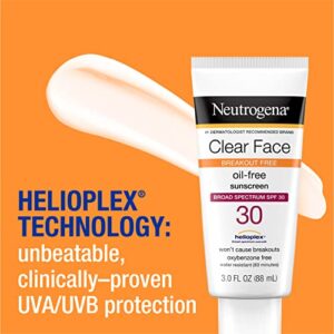 Neutrogena Clear Face Liquid Sunscreen for Acne-Prone Skin, Broad Spectrum SPF 30 Sunscreen Lotion with Helioplex, Oxybenzone-Free, Oil-Free, Fragrance-Free; Non-Comedogenic, 3 fl. oz