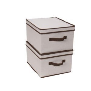 Household Essentials 513 Storage Box with Lid and Handle - Natural Beige Canvas with Brown Trim - Large