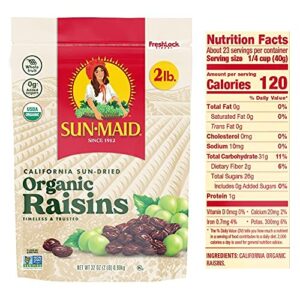 Sun-Maid Organic California Sun-Dried Raisins - (2 Pack) 32 oz Resealable Bag - Organic Dried Fruit Snack for Lunches, Snacks, and Natural Sweeteners