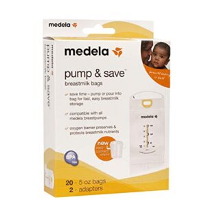 medela pump & save breast milk storage bags, 20 count pack, breastmilk freezer bags, pour or pump directly into bags with included easy connect adaptors, made without bpa