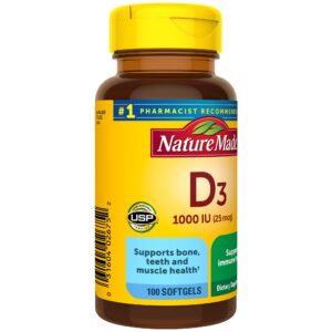 Nature Made Vitamin D3 1000 IU (25 mcg), Dietary Supplement for Bone, Teeth, Muscle and Immune Health Support, 100 Softgels, 100 Day Supply