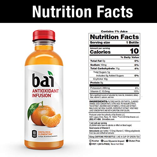 Bai Flavored Water, Costa Rica Clementine, Antioxidant Infused Drinks, 18 Fluid Ounce Bottle (Pack of 12)